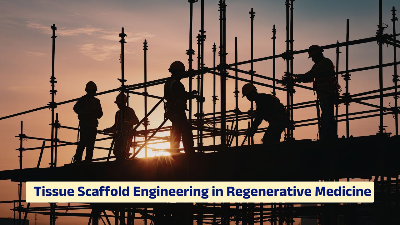 Tissue scaffold engineering for regenerative medicine showing biomaterial structure and cell growth