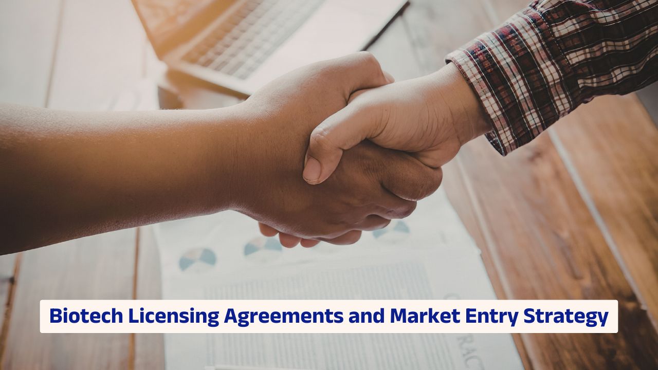 Biotech licensing agreements and US market entry strategy concept